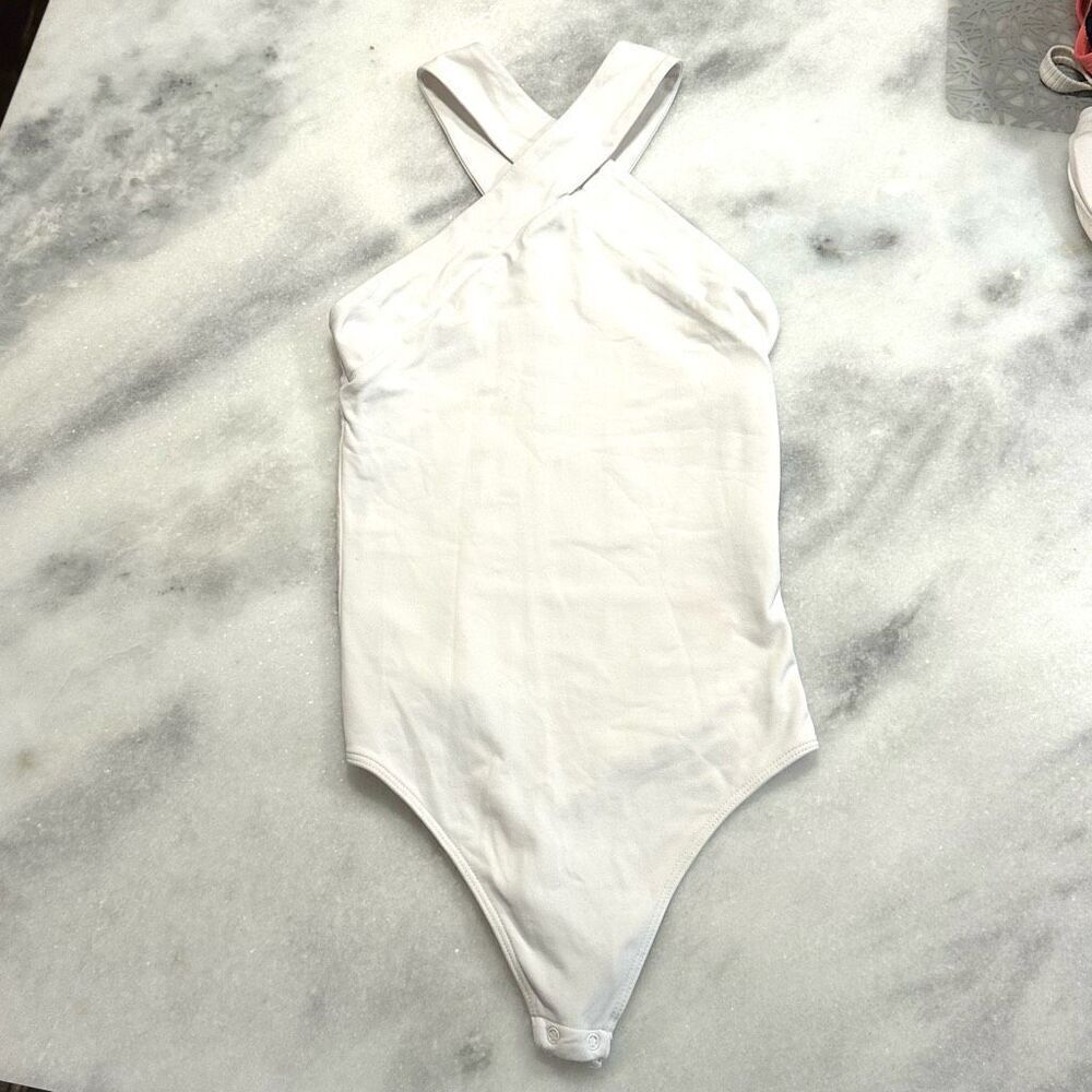 Babaton White Cross-Strap Bodysuit